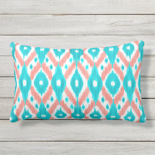Coussin D'extérieur Artsy Coral Turquoise Abstrait Ikat Motif géométri