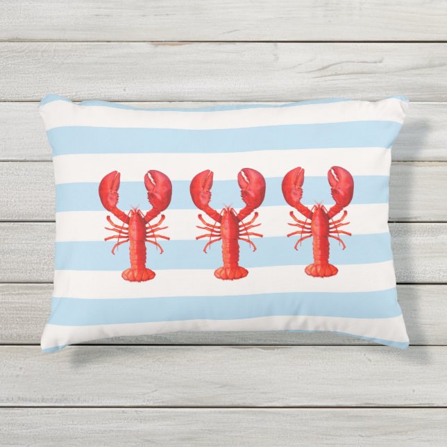 Coussin D'extérieur Bandes marines bleues et blanches et homards rouge (Devant)
