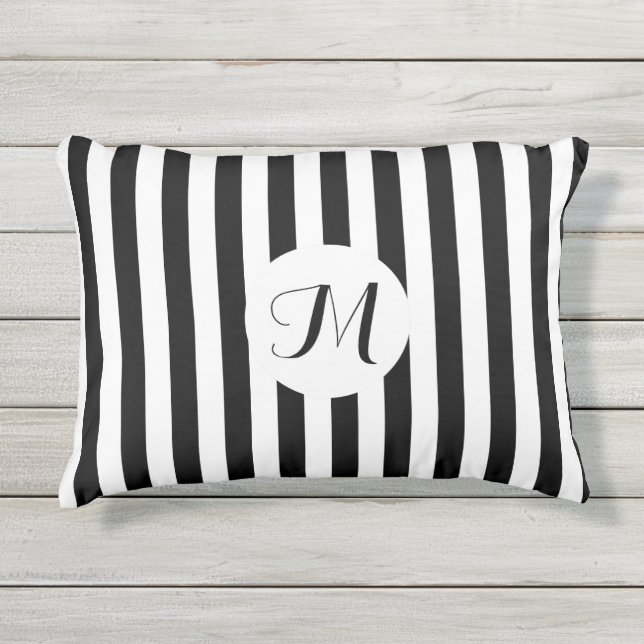 Coussin D'extérieur Bandes noires et blanches avec Monogramme personna (Devant)