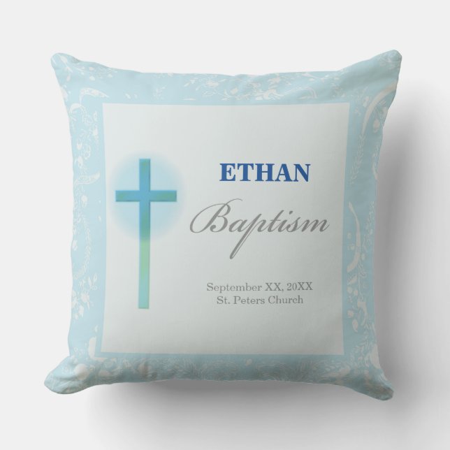 Coussin D'extérieur Baptême de garçon au dentelle bleue (Recto)