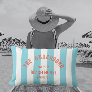 Coussin D'extérieur Beach House Nom personnalisé Blue Cabana Stripe