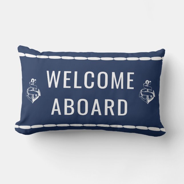 Coussin D'extérieur Bienvenue à bord de l'Ancre blanche en bleu (Recto)