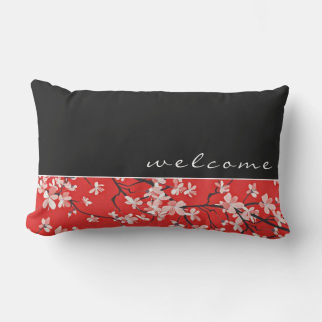 Coussin D'extérieur Bienvenue  | Fleurs rouges noires et blanches de c (Recto)