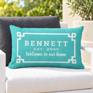 Coussin D'extérieur Bienvenue Monogramme à Clé Grecque Turquoise