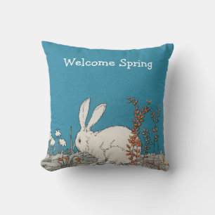 Coussin D'extérieur Bienvenue Printemps Joli lapin blanc en fleurs