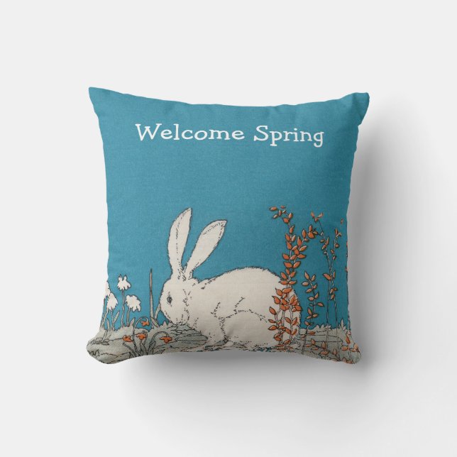 Coussin D'extérieur Bienvenue Printemps Joli lapin blanc en fleurs (Recto)