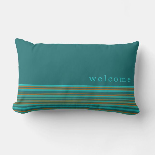 Coussin D'extérieur Bienvenue  | Simple Motif en bande turquoise et or (Recto)