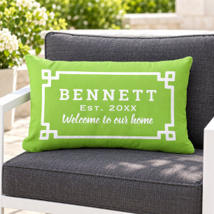 Coussin D'extérieur Bienvenue sur clé grecque vert citron monogramme
