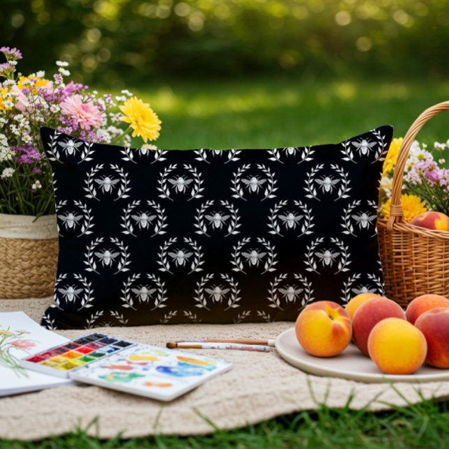 Coussin D'extérieur Black & White Bees Laurel Wreaths Motif extérieur (Créateur téléchargé)