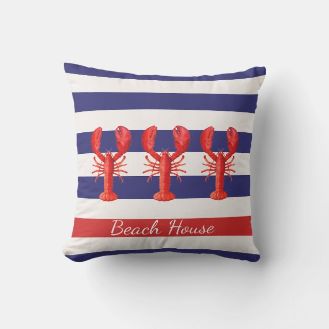 Coussin D'extérieur Bleu blanc rayures nautiques rouge homards (Recto)