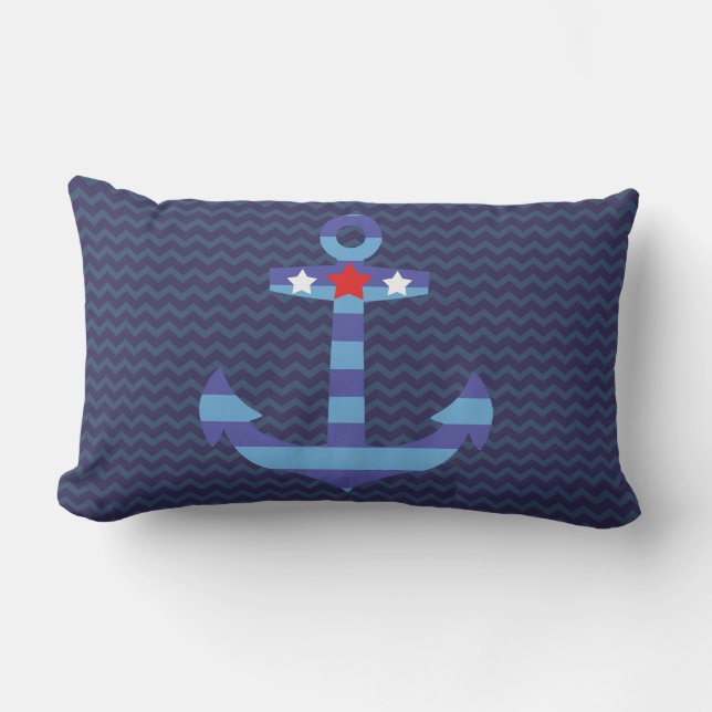 Coussin D'extérieur Bleu Chevron Nautique | Ancre bleue (Recto)