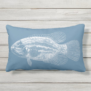 Coussin D'extérieur Bleu d'illustration de poissons et blanc moyens