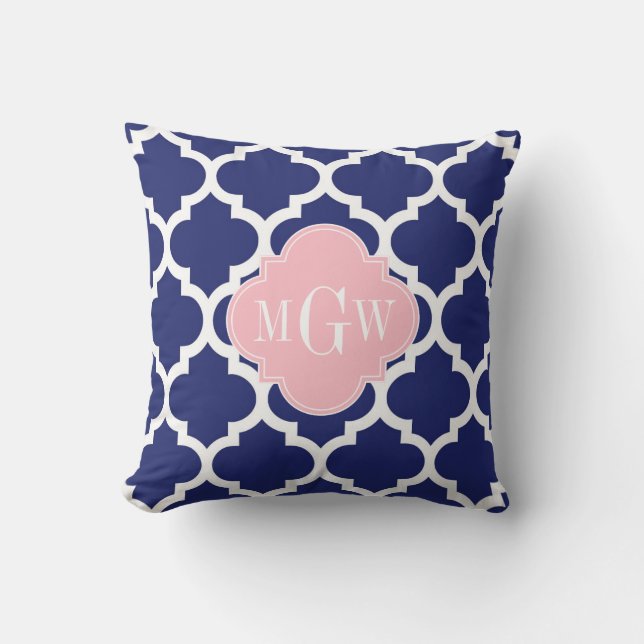 Coussin D'extérieur Bleu Marine Blanc Marocain #5 Rose 3 Initial Monog (Recto)