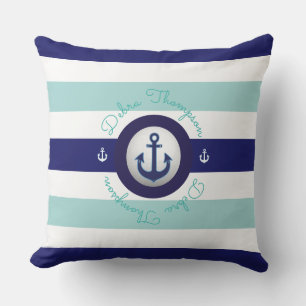 Coussin D'extérieur bleu marine rayé et personnalisé
