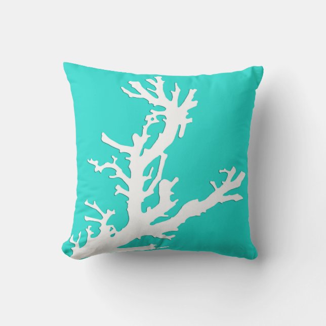 Coussin D'extérieur Branche corail - Turquoise et Blanc (Recto)