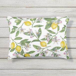 Coussin D'extérieur Branches de citron avec fleurs et fruits sur blanc
