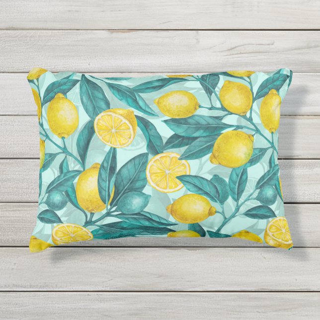Coussin D'extérieur Branches de citron bleu et jaune (Devant)