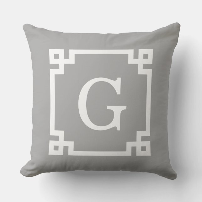 Coussin D'extérieur Cadre clé grec blanc gris foncé #2 Monogramme init (Recto)