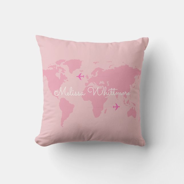 Coussin D'extérieur carte du monde rose & avions, personnalisée (Recto)