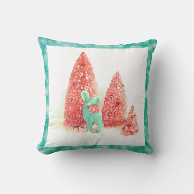 Coussin D'extérieur Cerf de Noël rétro avec cadre Aqua (Recto)