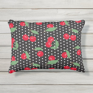 Coussin D'extérieur Cerise Rouge Fruit Feuilles Vertes Points Noirs Bl