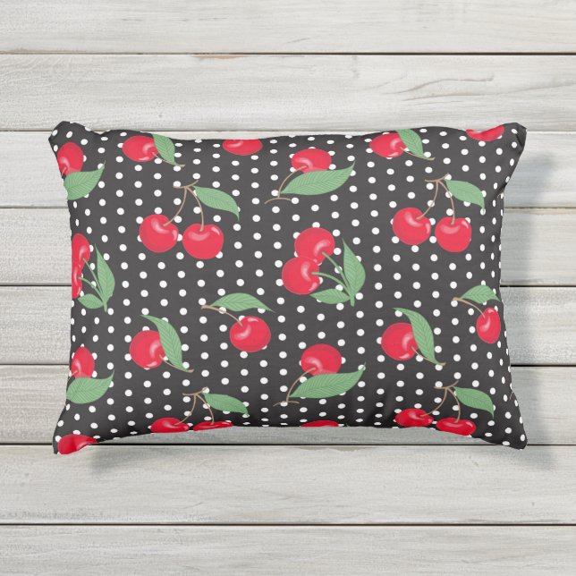 Coussin D'extérieur Cerise Rouge Fruit Feuilles Vertes Points Noirs Bl (Devant)