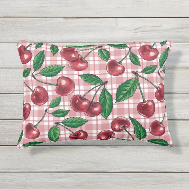 Coussin D'extérieur Cerises rouges sur en vichy rose (Devant)
