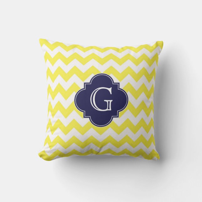 Coussin D'extérieur Chevron Jaune Blanc Monogramme Quatrefeuille Bleu  (Recto)