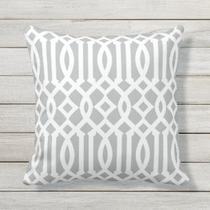 Coussin D'extérieur Chic moderne gris clair et blanc Trellis Motif