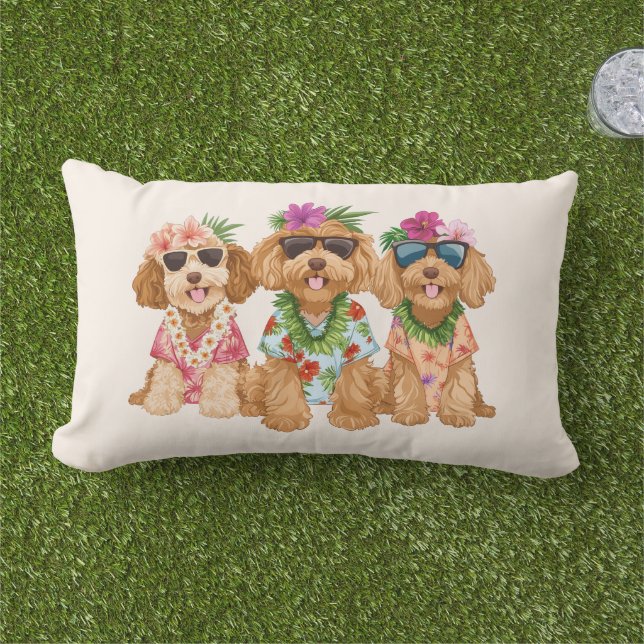 Coussin D'extérieur Chiens Goldendoodle Hawaïens Lei de fleurs (Herbe)