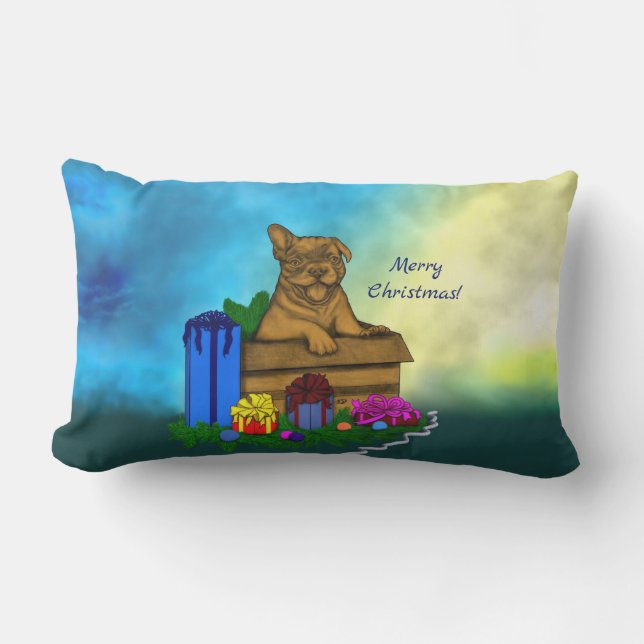 Coussin D'extérieur Chiot dans une boîte, Joyeux Noël (Recto)
