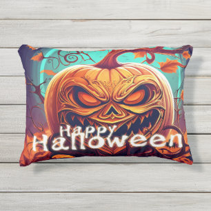 Coussin D'extérieur Citrouille orange effrayant avec visage, Halloween