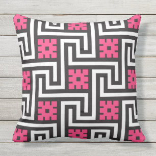 Coussin D'extérieur Clé de Deco, noir, blanc et rose grecs de fuchsia