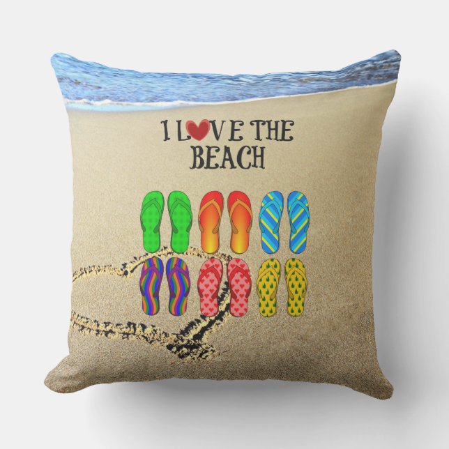 Coussin D'extérieur Coeur tiré dans le sable, I Love the Beach (Recto)