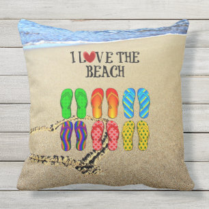 Coussin D'extérieur Coeur tiré dans le sable, I Love the Beach