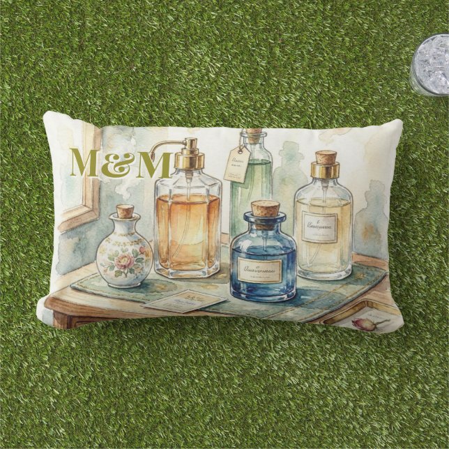 Coussin D'extérieur Collection de parfums de niche, aquarelle à monogr (Herbe)