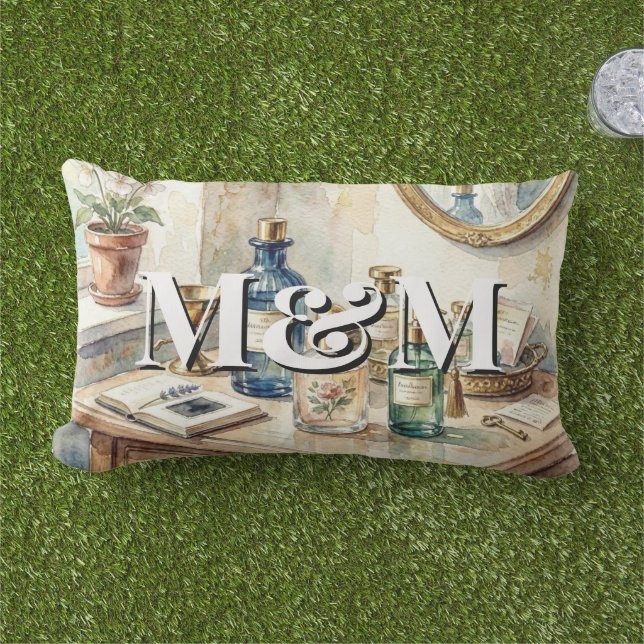 Coussin D'extérieur Collection de parfums de niche, aquarelle monogram (Herbe)