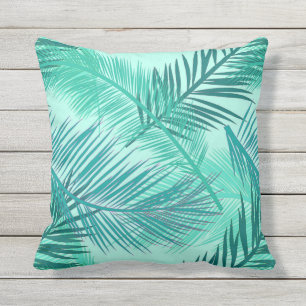 Coussin D'extérieur Copie en feuille de palmier, turquoise, Teal et