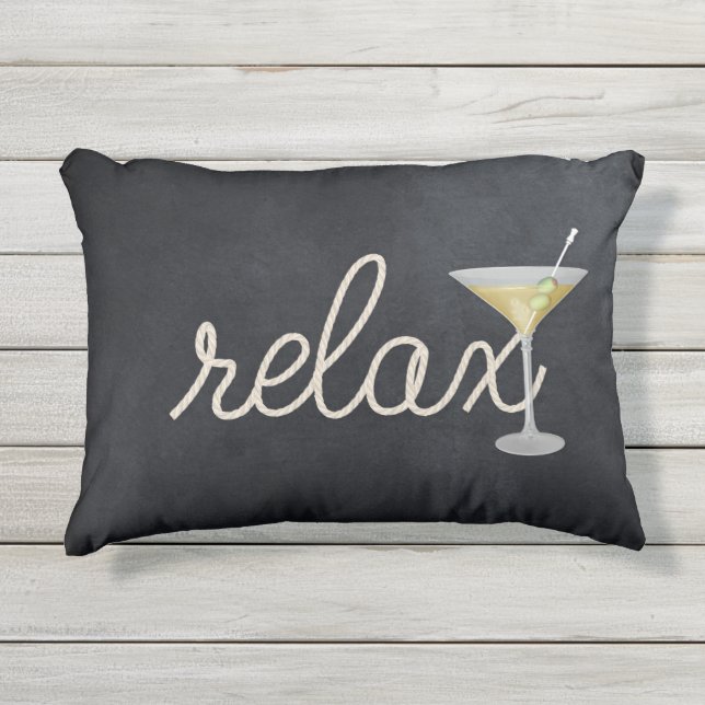 Coussin D'extérieur corde nautique sur bois avec martini et texte rela (Devant)