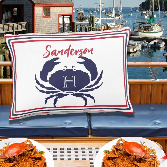 Coussin D'extérieur crabe blanc bleu marine monogrammé (Créateur téléchargé)