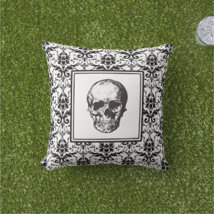 Coussin D'extérieur Crâne à motif damassé gothique noir élégant