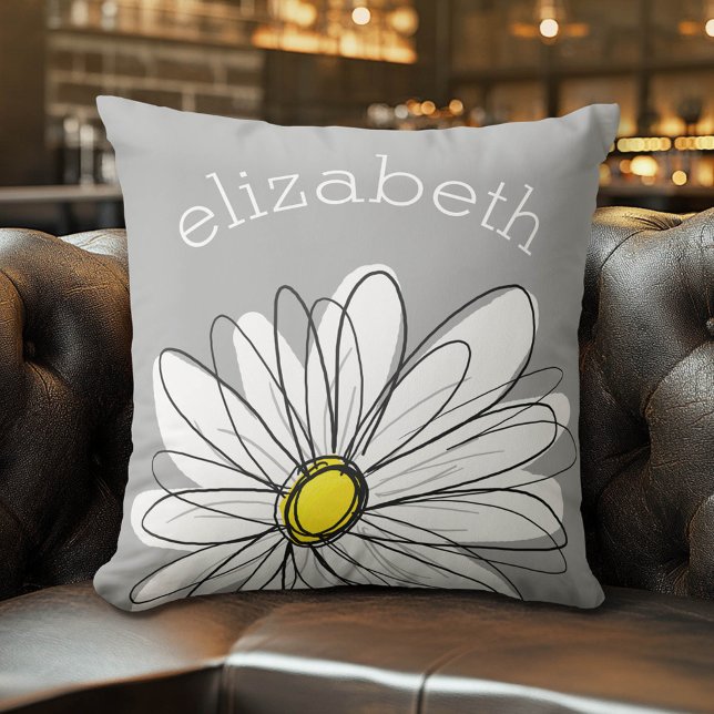 Coussin D'extérieur Daisy tendance avec gris et jaune (Whimsical Custom Monogram Pillow)
