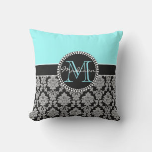Coussin D'extérieur Damas gris argenté noir, turquoise, bleu marine