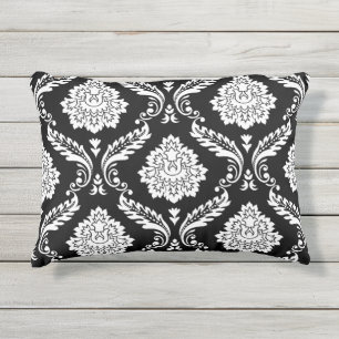 Coussin D'extérieur Damas Rococo Grand Motif Blanc sur Noir