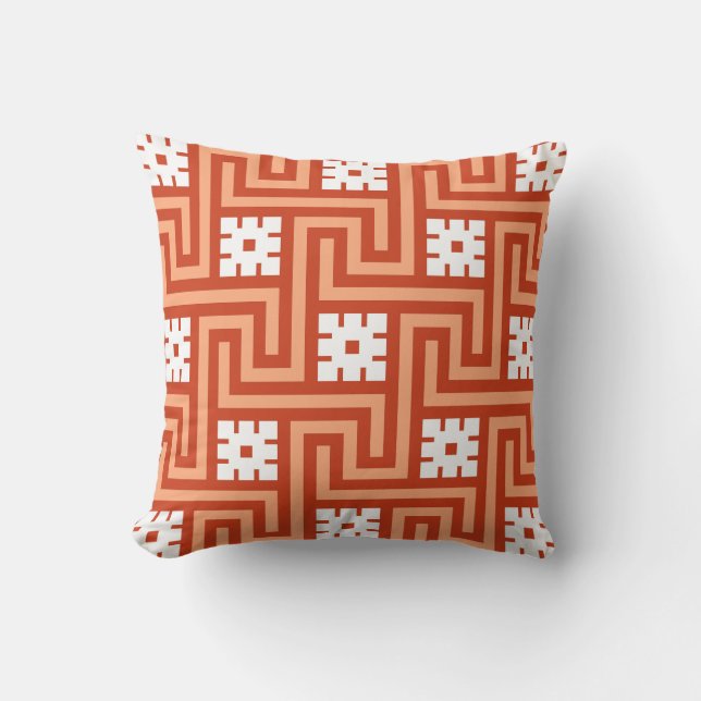 Coussin D'extérieur Déco clé grecque, corail orange et blanc (Recto)