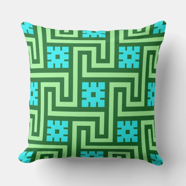Coussin D'extérieur Déco clé grecque, turquoise et Jade vert (Recto)