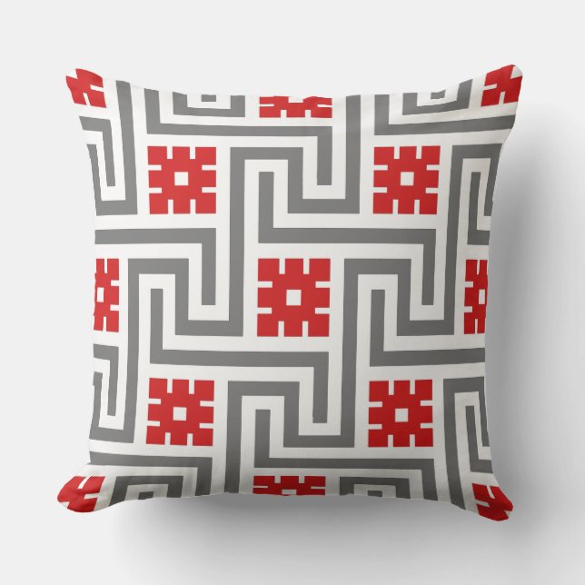 Coussin D'extérieur Décor Clé grecque, rouge, blanc et gris / gris (Recto)