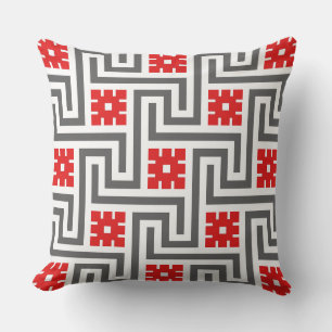 Coussin D'extérieur Décor Clé grecque, rouge profond, blanc et gris / 