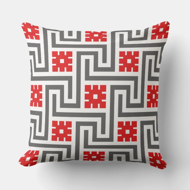 Coussin D'extérieur Décor Clé grecque, rouge profond, blanc et gris /  (Recto)