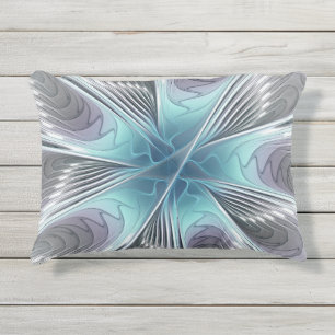 Coussin D'extérieur Élégance Moderne Art Fractal Fleur Bleu Gris Blanc